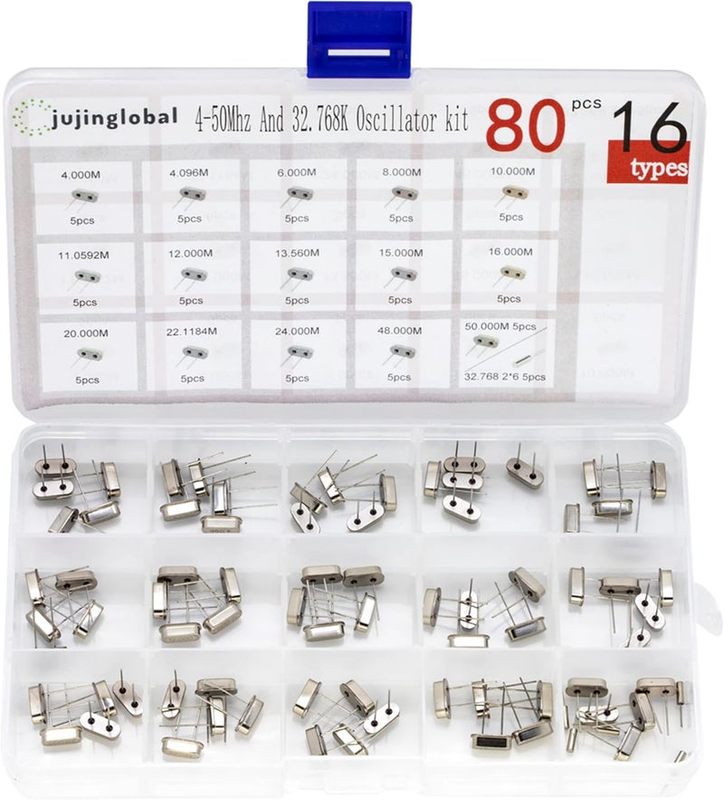 jujinglobal 80pcs 16 Types Crystal Resonators Oscillator Assortment Kit 4MHz, 4.096MHz, 6MHz, 8MHz, 10MHz, 11.0592MHz, 12MHz, 13.56MHz, 15MHz, 16MHz, 20MHz, 22.1184MHz, 24MHz, 48MHz, 50Mhz, 32.768Mhz 2x6mm - Image 1